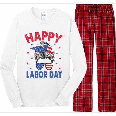 Happy Labor Day Shirts For Labor Day Messy Bun USA Flag Long Sleeve Pajama Set