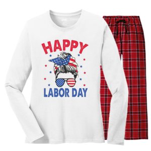 Happy Labor Day Shirts For Labor Day Messy Bun USA Flag Women's Long Sleeve Flannel Pajama Set 