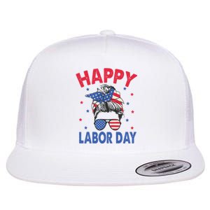 Happy Labor Day Shirts For Labor Day Messy Bun USA Flag Flat Bill Trucker Hat