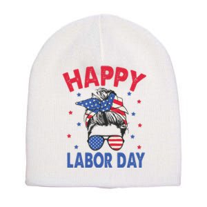 Happy Labor Day Shirts For Labor Day Messy Bun USA Flag Short Acrylic Beanie