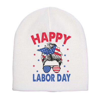 Happy Labor Day Shirts For Labor Day Messy Bun USA Flag Short Acrylic Beanie