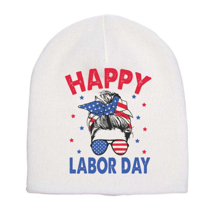 Happy Labor Day Shirts For Labor Day Messy Bun USA Flag Short Acrylic Beanie