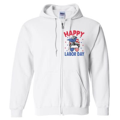 Happy Labor Day Shirts For Labor Day Messy Bun USA Flag Full Zip Hoodie