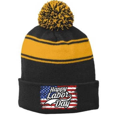 Happy Labor Day Shirts For Labor Day Retro US Flag Stripe Pom Pom Beanie