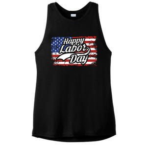 Happy Labor Day Shirts For Labor Day Retro US Flag Ladies PosiCharge Tri-Blend Wicking Tank