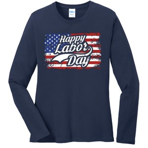 Happy Labor Day Shirts For Labor Day Retro US Flag Ladies Long Sleeve Shirt