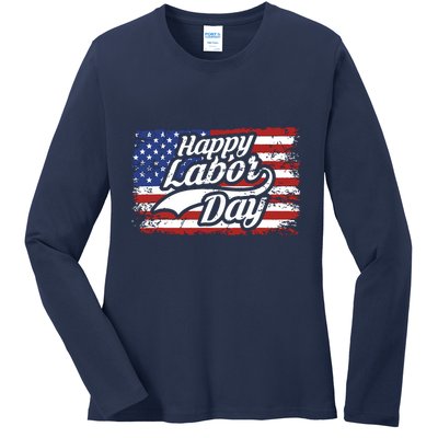 Happy Labor Day Shirts For Labor Day Retro US Flag Ladies Long Sleeve Shirt