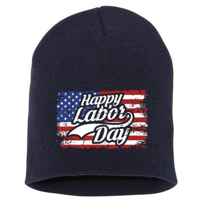 Happy Labor Day Shirts For Labor Day Retro US Flag Short Acrylic Beanie
