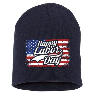 Happy Labor Day Shirts For Labor Day Retro US Flag Short Acrylic Beanie