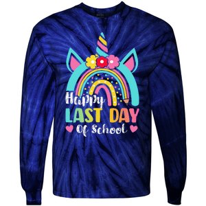 Happy Last Day Of School Rainbow Unicorn Graduation Funny Tie-Dye Long Sleeve Shirt