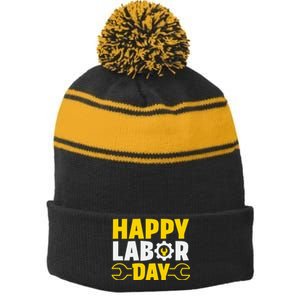 Happy Labor Day Celebration Graphic Stripe Pom Pom Beanie