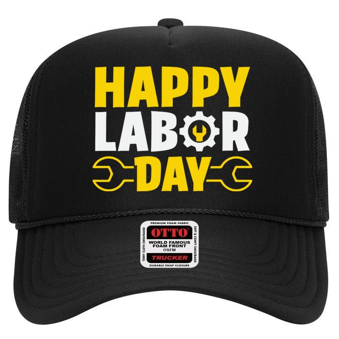 Happy Labor Day Celebration Graphic High Crown Mesh Back Trucker Hat