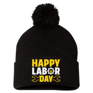 Happy Labor Day Celebration Graphic Pom Pom 12in Knit Beanie