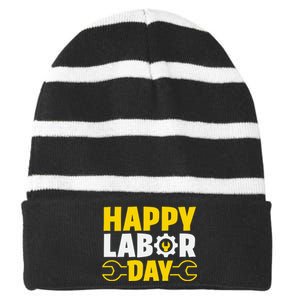 Happy Labor Day Celebration Graphic Striped Beanie with Solid Band