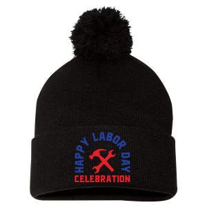 Happy Labor Day Celebration Graphic Pom Pom 12in Knit Beanie