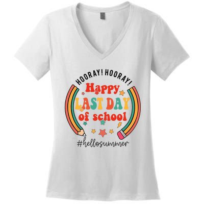 Happy Last Day Of School Hello Summer Students And Teachers Gift Design Women's V-Neck T-Shirt