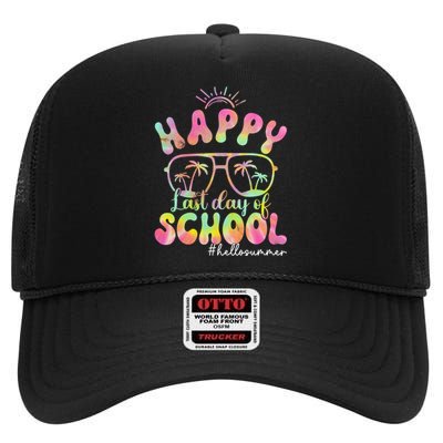 Happy Last Day Of School Hello Summer Students And Teachers Out For Summer High Crown Mesh Back Trucker Hat