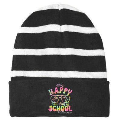 Happy Last Day Of School Hello Summer Students And Teachers Out For Summer Striped Beanie with Solid Band