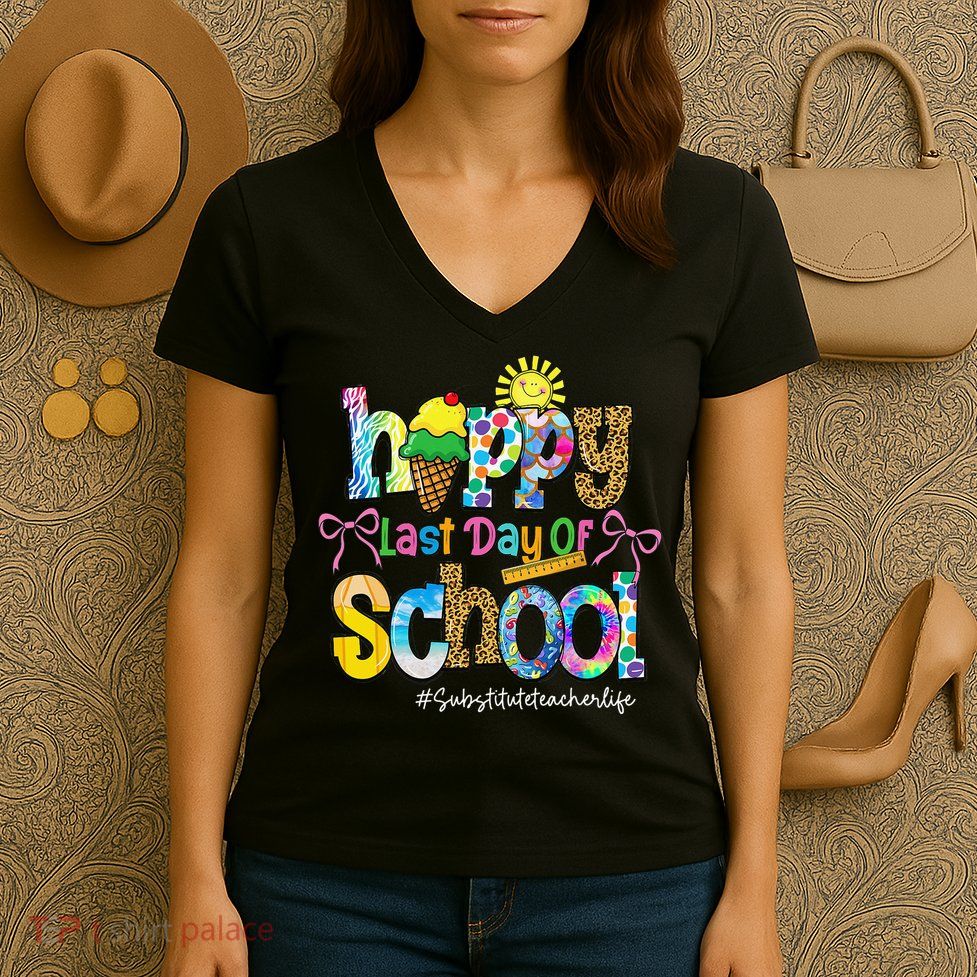 Happy Last Day Of School Substitute Teacher Life Leopard Women's V-Neck T-Shirt