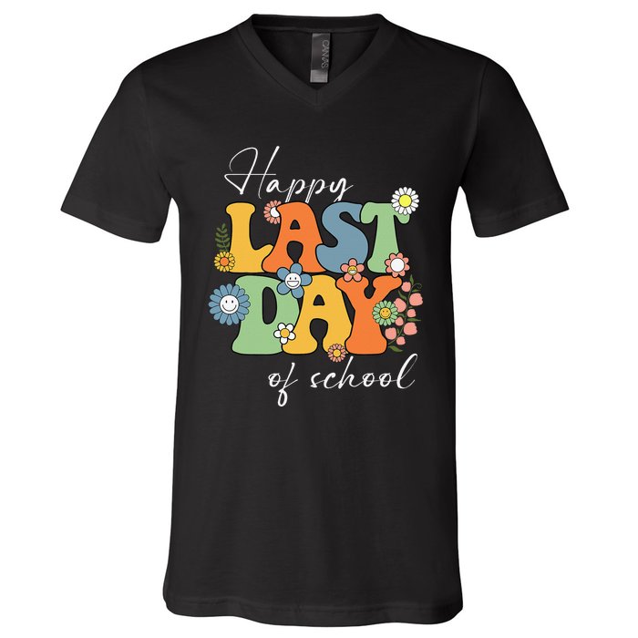 Happy Last Day Of School Graduation Groovy Teacher Student V-Neck T-Shirt