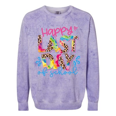 Happy Last Day Of School Leopard Tie Dye Hello Summer Cool Gift Colorblast Crewneck Sweatshirt