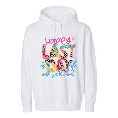 Happy Last Day Of School Leopard Tie Dye Hello Summer Cool Gift Garment-Dyed Fleece Hoodie