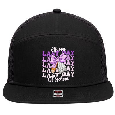 Happy Last Day Of School Coquette Bow Teachers Hello Summer 7 Panel Mesh Trucker Snapback Hat