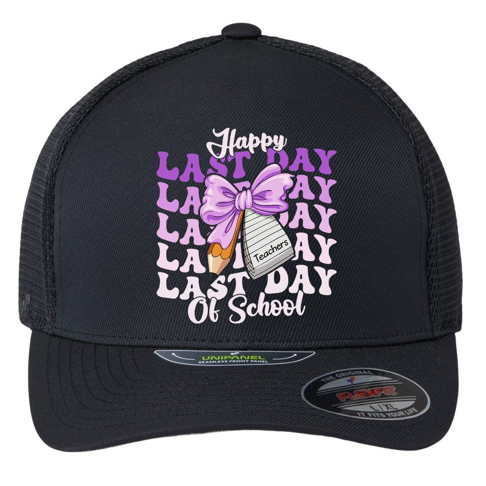 Happy Last Day Of School Coquette Bow Teachers Hello Summer Flexfit Unipanel Trucker Cap
