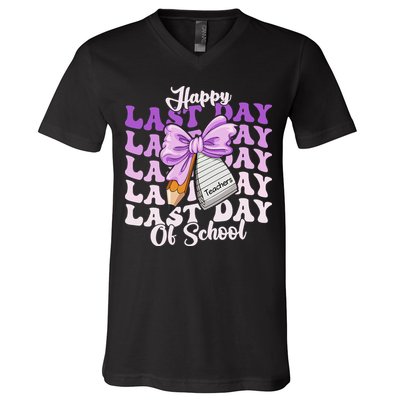 Happy Last Day Of School Coquette Bow Teachers Hello Summer V-Neck T-Shirt