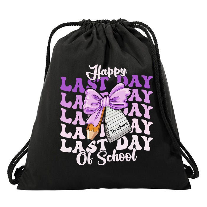 Happy Last Day Of School Coquette Bow Teachers Hello Summer Drawstring Bag