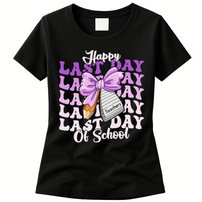 Happy Last Day Of School Coquette Bow Teachers Hello Summer Womens T-Shirt
