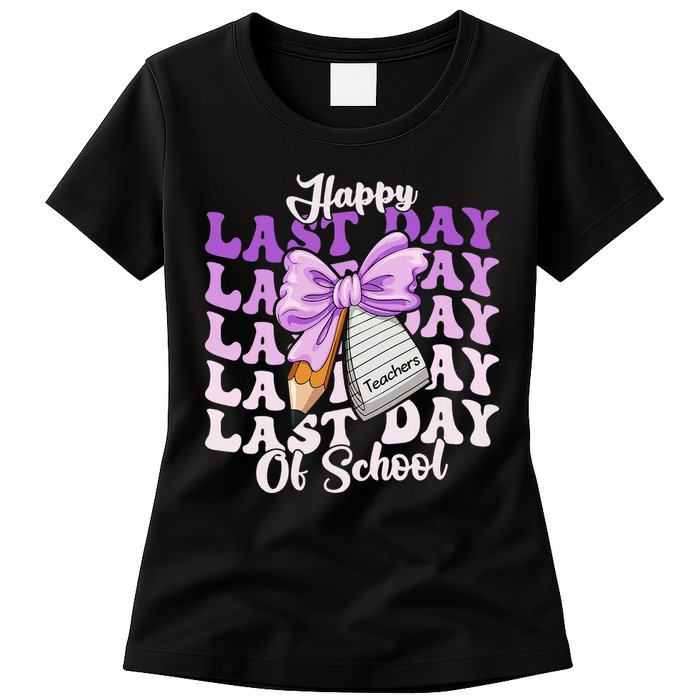 Happy Last Day Of School Coquette Bow Teachers Hello Summer Womens T-Shirt