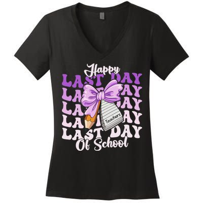 Happy Last Day Of School Coquette Bow Teachers Hello Summer Women's V-Neck T-Shirt