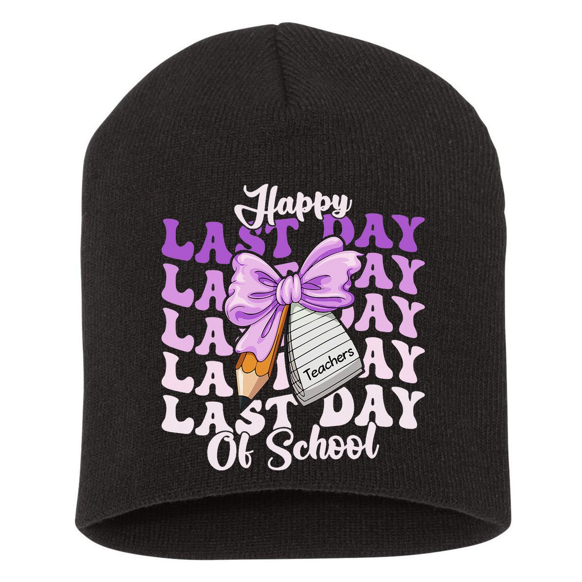 Happy Last Day Of School Coquette Bow Teachers Hello Summer Short Acrylic Beanie