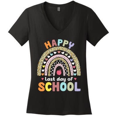 Happy Last Day Of School Rainbow Leopard Teacher Student Women's V-Neck T-Shirt