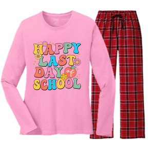 Happy Last Day Of School Graduation Groovy Teacher Student Women's Long Sleeve Flannel Pajama Set 