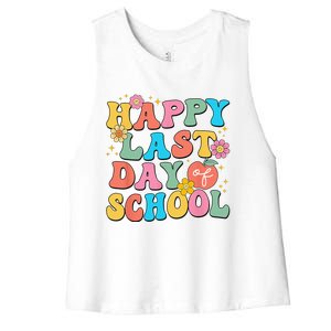 Happy Last Day Of School Graduation Groovy Teacher Student Women's Racerback Cropped Tank