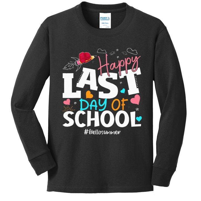 Happy Last Day Of School Hello Summer Students And Teachers Kids Long Sleeve Shirt