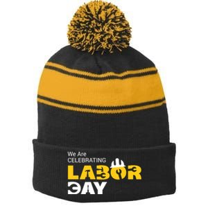 Happy Labor Day Celebration Graphic Stripe Pom Pom Beanie