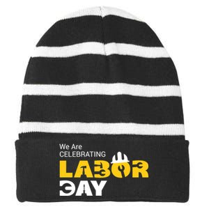 Happy Labor Day Celebration Graphic Striped Beanie with Solid Band