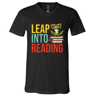 Happy Leap Day Teacher Leap Into Reading Leap Day 2024 V-Neck T-Shirt