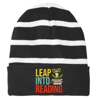 Happy Leap Day Teacher Leap Into Reading Leap Day 2024 Striped Beanie with Solid Band