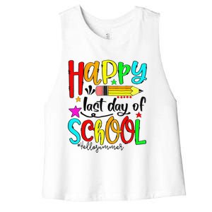 Happy Last Day Of Schools Hello Summer Teacher Student Cute Women's Racerback Cropped Tank