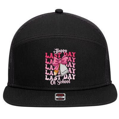 Happy Last Day Of School Coquette Bow Teachers 7 Panel Mesh Trucker Snapback Hat