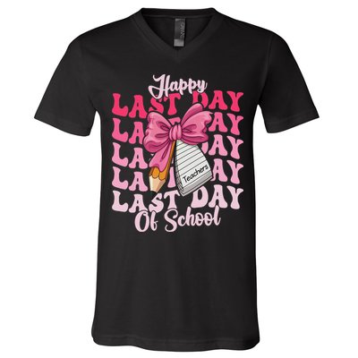 Happy Last Day Of School Coquette Bow Teachers V-Neck T-Shirt