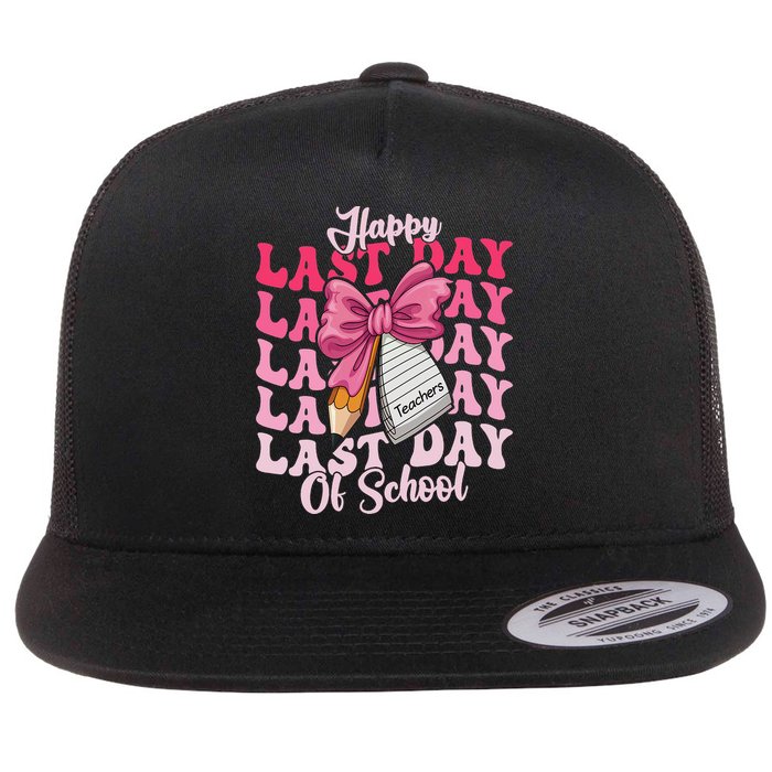 Happy Last Day Of School Coquette Bow Teachers Flat Bill Trucker Hat