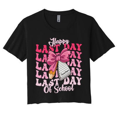 Happy Last Day Of School Coquette Bow Teachers Women's Crop Top Tee