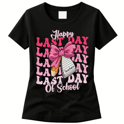 Happy Last Day Of School Coquette Bow Teachers Womens T-Shirt