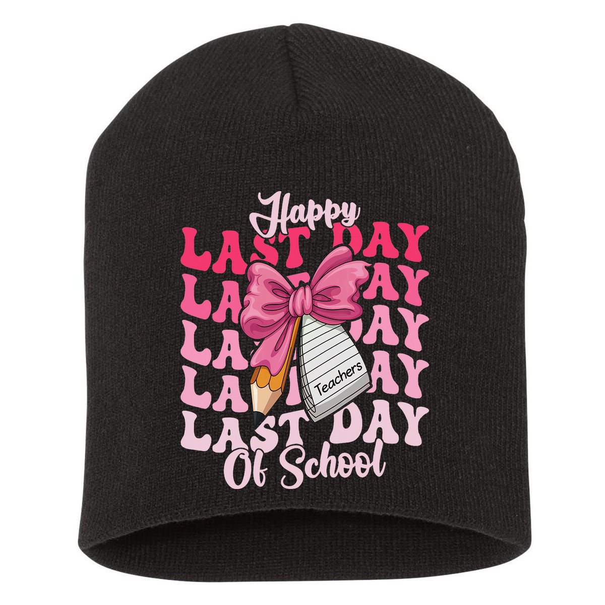 Happy Last Day Of School Coquette Bow Teachers Short Acrylic Beanie