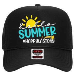 Happy Last Day Of School Hello Summer Teacher Student High Crown Mesh Back Trucker Hat